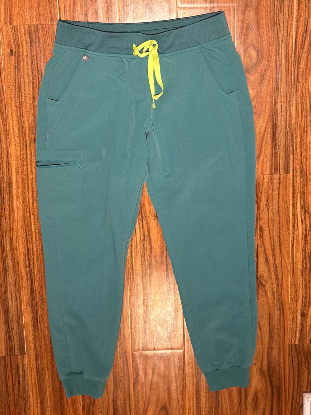 Figs medium, regular, cactus marine green teal scrub pants, yellow drawstring